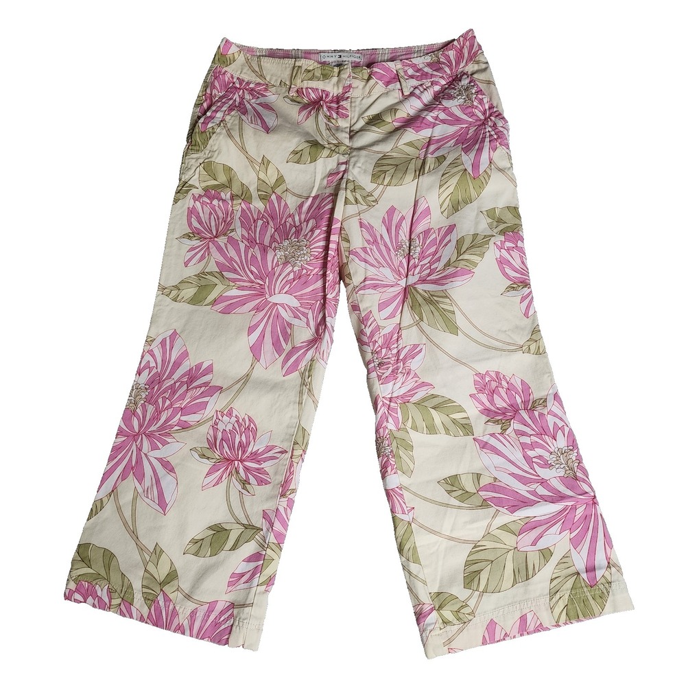 VTG Tommy Hilfiger‎  Capri Chino Pants Size 12 Pink Ivory Floral Stretch Resort